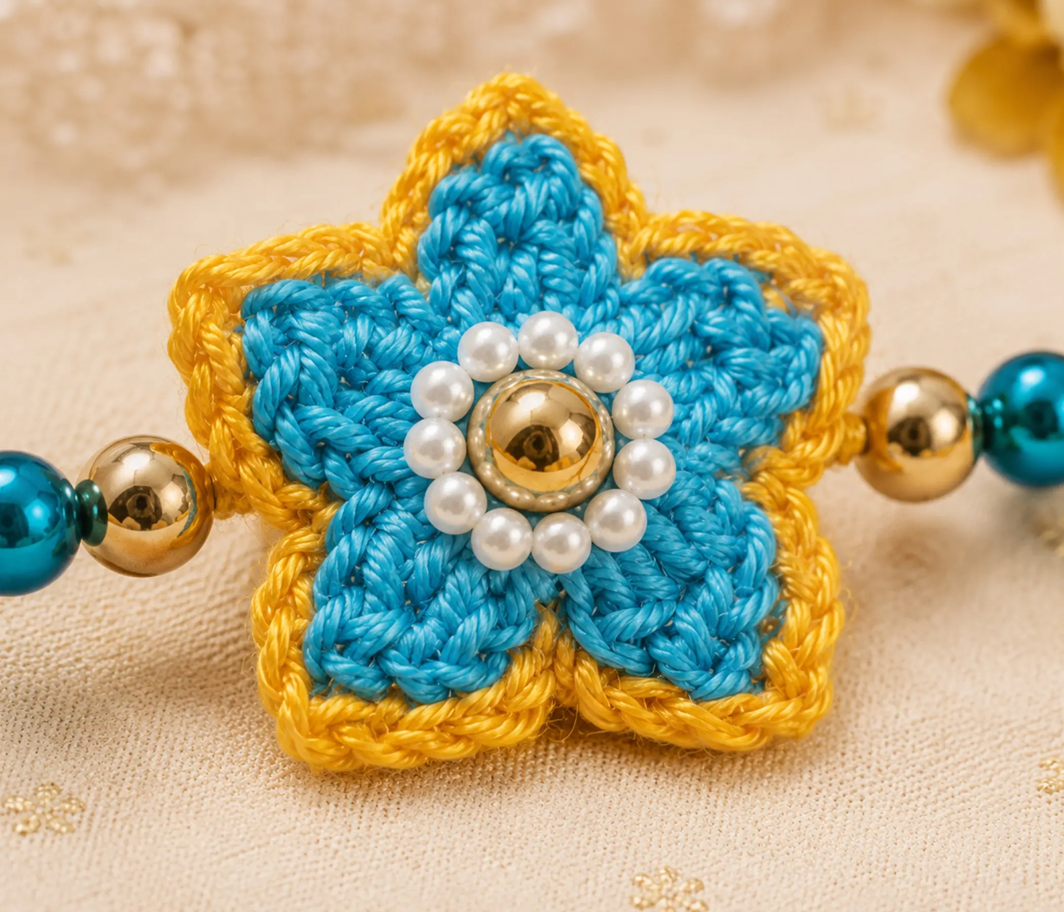 Beaded Star Floral Handcrafted Crochet Rakhi - Elegant Homemade Rakhadi